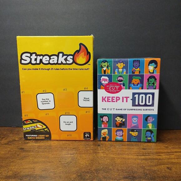 Buffalo Games Other - Lot of 2 New Sealed Party Games, Streaks & Keep It 100 Survey Game